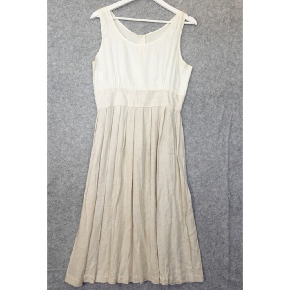 Vintage Linen Midi Dress Womens MEDIUM White Oat Hopsack‎ Flax Mesh 80s USA Made